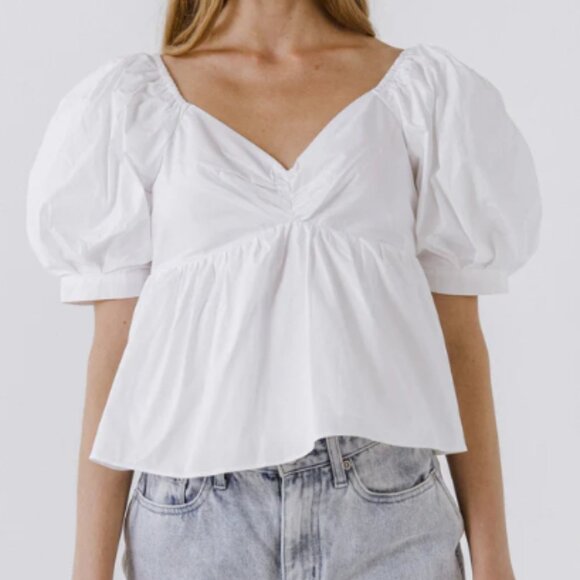 English Factory Women Woven Blouse - Short Puff Sleeve Top in White - Picture 1 of 3